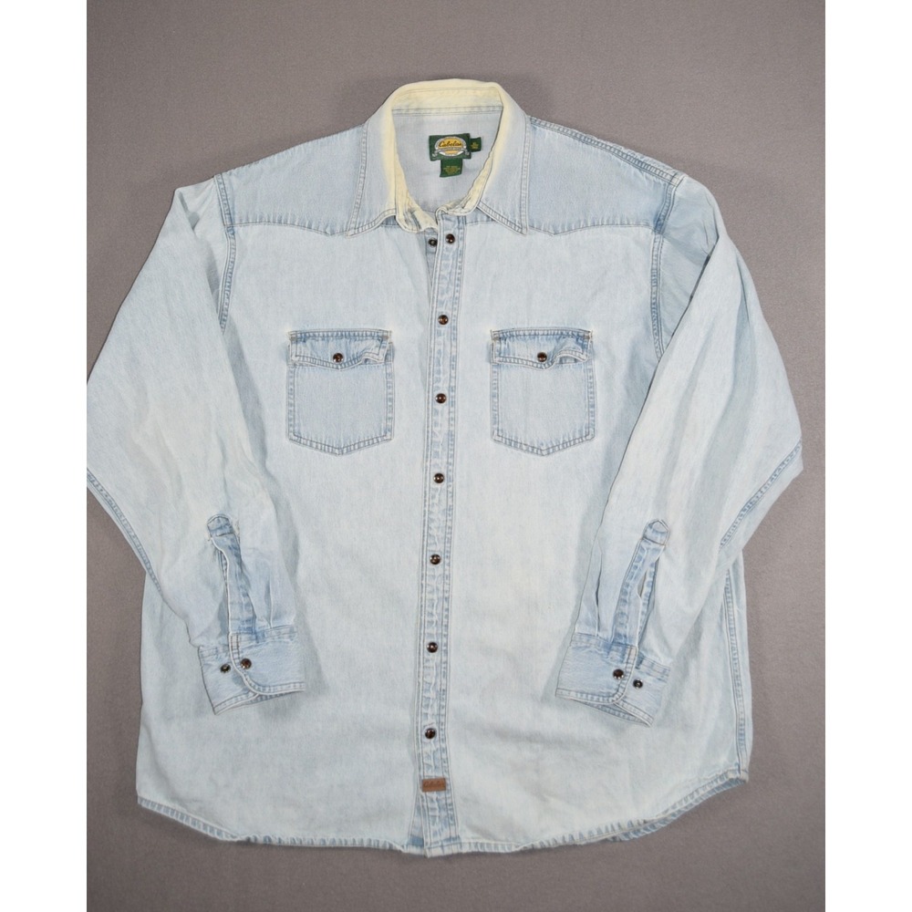 Cabelas Shirt Mens XL Tall Denim Western Pearl Snap Long Sleeve Light Wash Jean